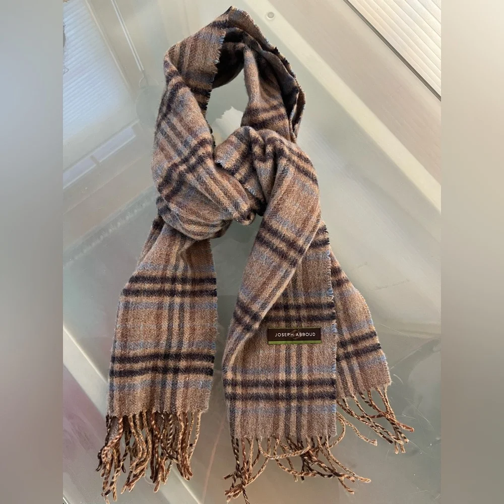 🐑Dark Tan + Black Brown & Blue Plaid Cashmere Scarf by Joseph Abboud